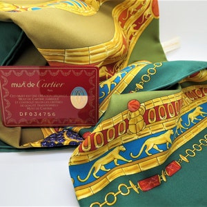 CARTIER SCARF, "L'Égypte" Edition, 100% Silk, Includes Cartier Tag, Box & Certificate, Made in France, Cartier Foulard Soie, Vintage Scarf image 3