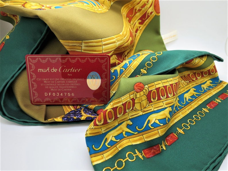 CARTIER SCARF, "L'Égypte" Edition, 100% Silk, Includes Cartier Tag, Box & Certificate, Made in France, Cartier Foulard Soie, Vintage Scarf image 3