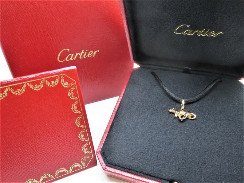 CARTIER PANTHER NECKLACE Beautiful 18kt Yellow Gold Pendant with Cartier Silk Cord and Certificate of Authenticity + Red Box