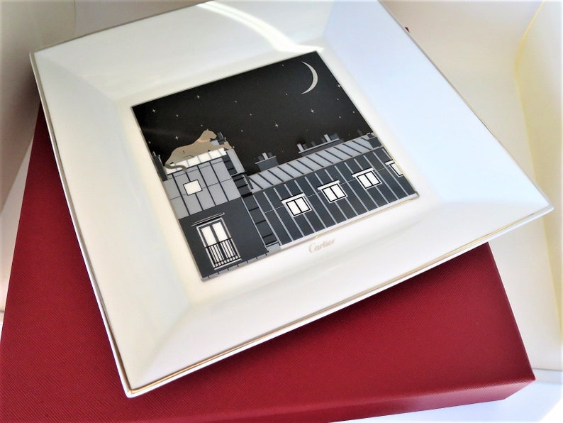 CARTIER TRAY (XL), "Midnight in Paris" Panthere Decor, Ideal for Jewelry & Vanity, Luxury Fine Porcelain, Platinum Decor, Limoges Porcelain image 1