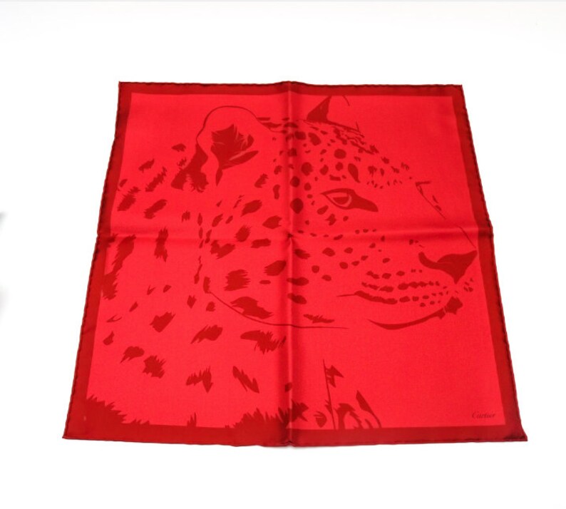 CARTIER SCARF or POUF, "La Panthère Rubis", 100% Silk Twill, Cartier Tag & Box, Made in Italy, Ruby Red, Panther Print, Foulard Soie image 8