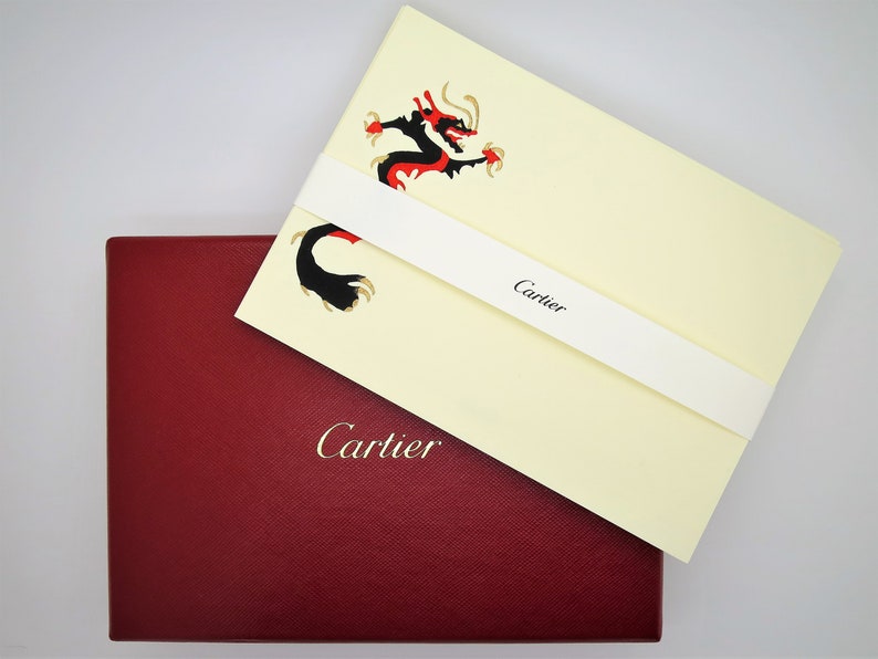 CARTIER STATIONERY, "Chinese Dragon" by Bill Glass for Cartier, Set of 5 w Envelopes & Box, Note Cards, Cartier circa 1990, Fine Stationery image 1