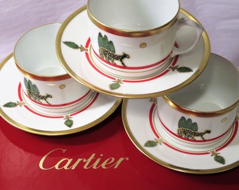 SET of 6 AUTHENTIC CARTIER Breakfast Coffee Cups + Saucers La Maison de Louis Cartier 24kt Gold Trim Vintage French Porcelains w Cartier Box