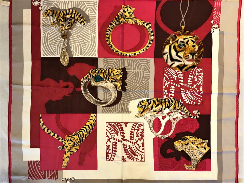 CARTIER SCARF, "Inde Mystérieuse" Tiger Decor, 100% Silk, Cartier Tag & Certificate, Cartier Foulard Soie, Vintage Scarf, Cartier Panther image 3