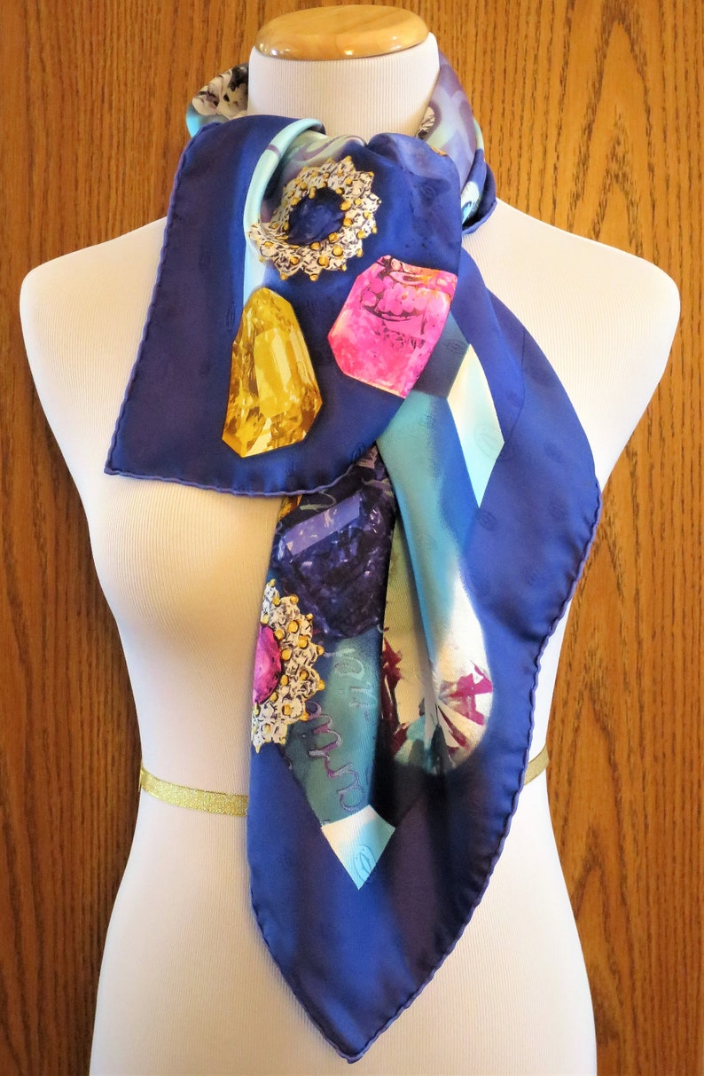 CARTIER SCARF, "Florals & Jewels" Motif, 100% Silk with Cartier Tag and Box, Cartier Foulard Soie, Vintage Scarves, Luxury Scarves
