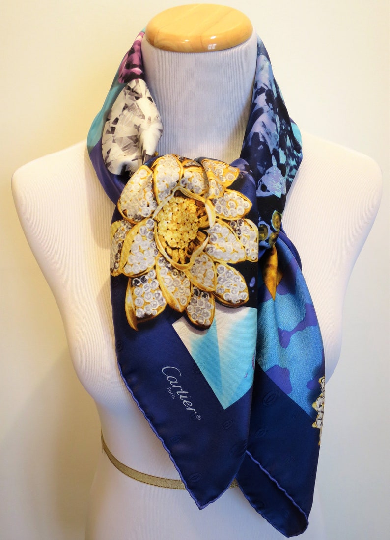 CARTIER SCARF, "Florals & Jewels" Motif, 100% Silk with Cartier Tag and Box, Cartier Foulard Soie, Vintage Scarves, Luxury Scarves