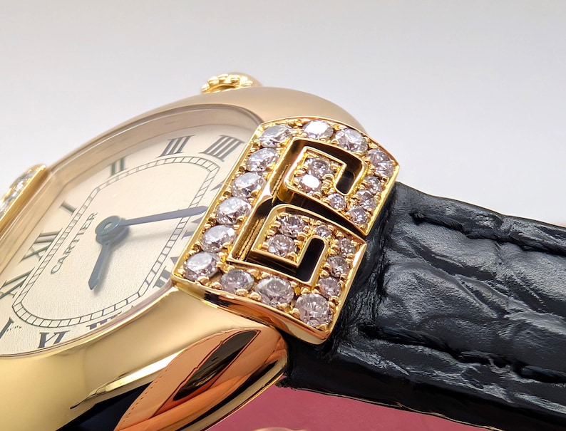 CARTIER WATCH the Ellipse Diamond Art Deco model 18kt Yellow Gold w Quartz Movement + Full Cut Alligator Strap, Cartier Warranty + Watch Box