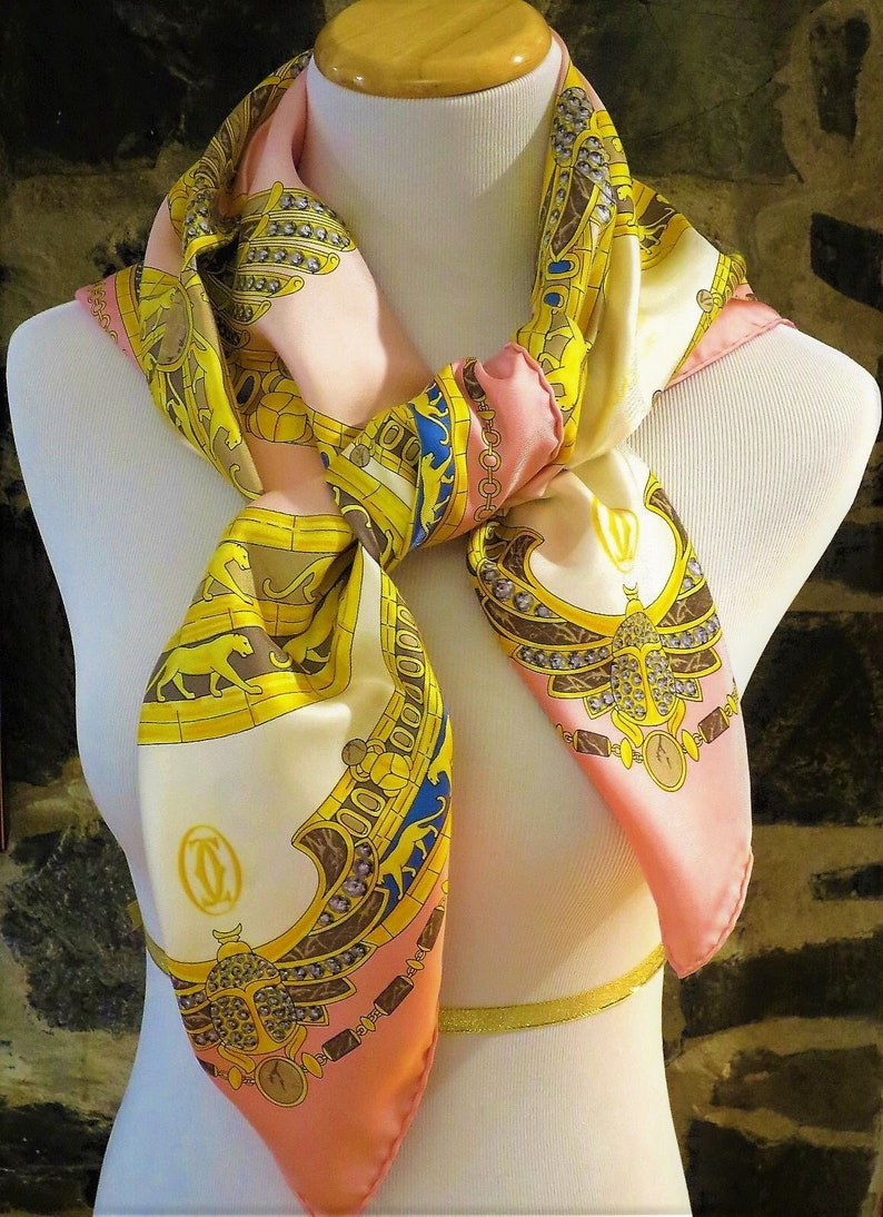 CARTIER SILK SCARF Vintage L'Égypte Scarab and Panther Motif with Original Cartier Tag image 7