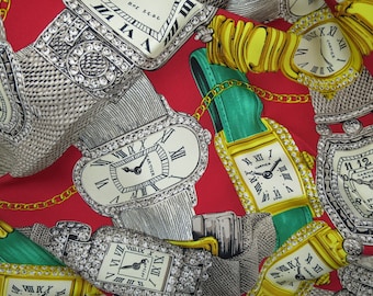 Vintage CARTIER Scarf in fine woven Italian Silk Twill has the elegant Le Temps Precious Watch design in Red