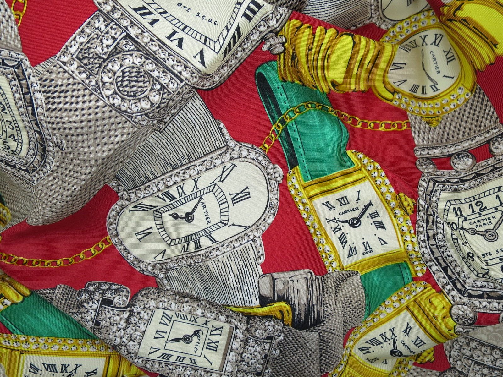 Vintage Cartier Silk Scarf, Large Square Le Temps Watches Design