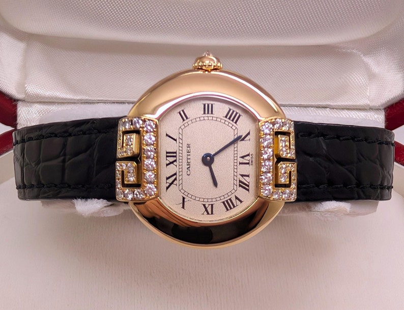 CARTIER WATCH the Ellipse Diamond Art Deco model 18kt Yellow Gold w Quartz Movement + Full Cut Alligator Strap, Cartier Warranty + Watch Box