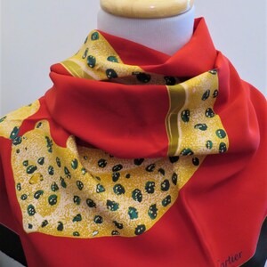 CARTIER SCARF, "Bejeweled Leopards" Motif, 100% Italian Silk Crepe de Chine, Cartier Foulard Soie, Vintage Scarf, Luxury Scarves, Red Scarf image 8