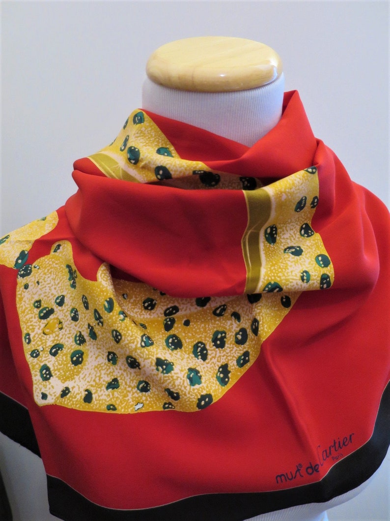 CARTIER SCARF, "Bejeweled Leopards" Motif, 100% Italian Silk Crepe de Chine, Cartier Foulard Soie, Vintage Scarf, Luxury Scarves, Red Scarf image 8
