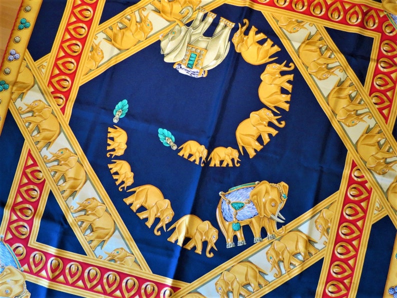 CARTIER SCARF, "La Route des Indes" Motif, 100% Silk, Made in France, Cartier Foulard Soie, Vintage Scarves, Elephants, Navy Blue Scarf image 5