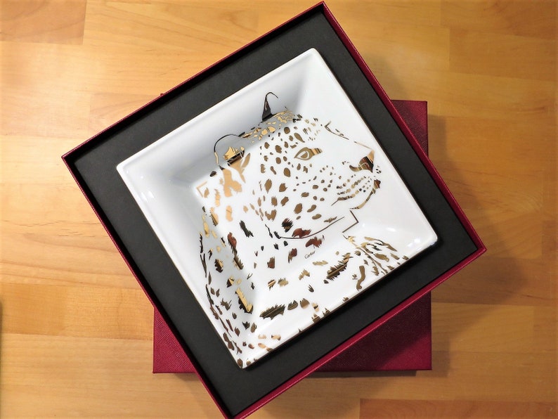 CARTIER TRAY, "Leopard" Panthere Motif, Ideal for Jewelry & Vanity, Luxury Fine Porcelain, 18kt Gold Decor, Limoges Porcelain, Trinket Tray