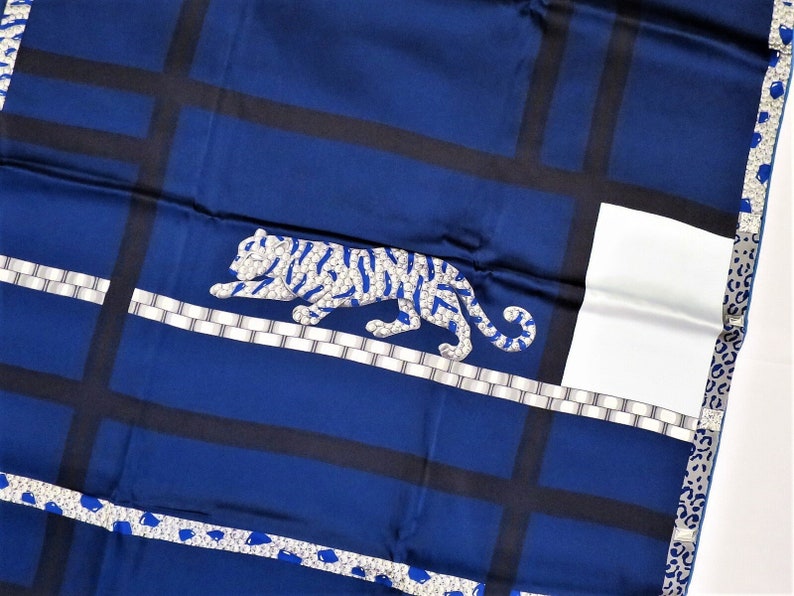 CARTIER SCARF Blue Vintage French Silk Paris Couture with Tigre Rôdant Tiger motif comes with Original Tag, Box and Certificate