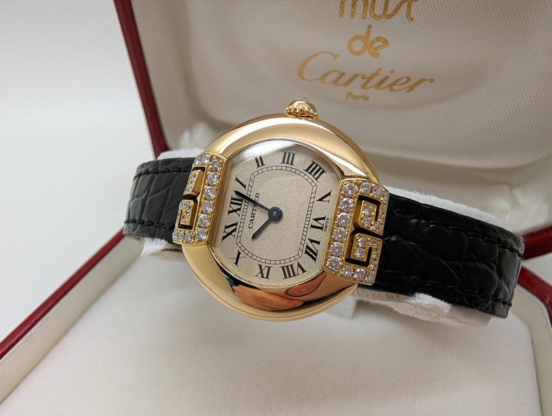 CARTIER WATCH the Ellipse Diamond Art Deco model 18kt Yellow Gold w Quartz Movement + Full Cut Alligator Strap, Cartier Warranty + Watch Box