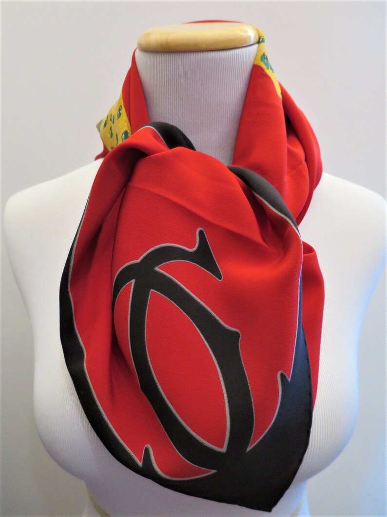 CARTIER SCARF, "Bejeweled Leopards" Motif, 100% Italian Silk Crepe de Chine, Cartier Foulard Soie, Vintage Scarf, Luxury Scarves, Red Scarf image 7