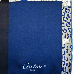 CARTIER SCARF Blue Vintage French Silk Paris Couture with Tigre Rôdant Tiger motif comes with Original Tag, Box and Certificate