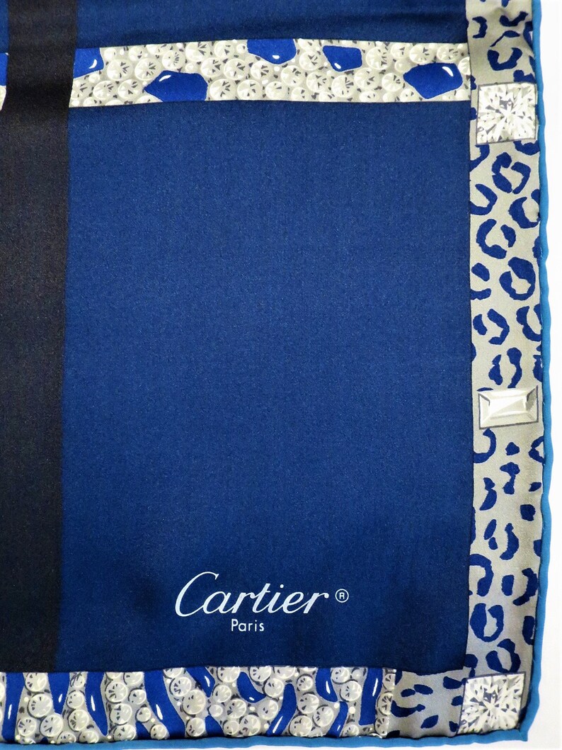CARTIER SCARF Blue Vintage French Silk Paris Couture with Tigre Rôdant Tiger motif comes with Original Tag, Box and Certificate