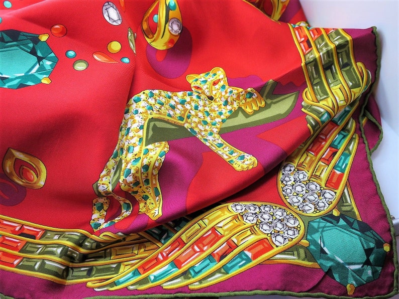 CARTIER SCARF, "Jeweled Menagerie" Motif, 100% Silk w Cartier Tag, Made in France, Cartier Foulard Soie, Vintage Cartier, Cartier Panther image 1