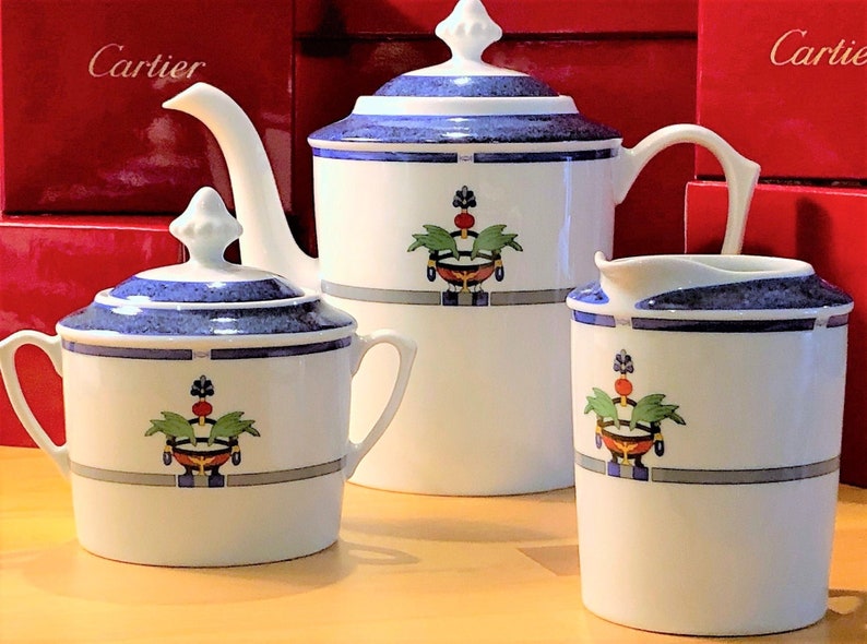 CARTIER 3-PC SERVICE, Coffee/Teapot w Cream & Sugar, "La Maison Venitienne" Porcelain w Cartier Red Boxes, Lapis Blue, Fine China, Limoges image 1