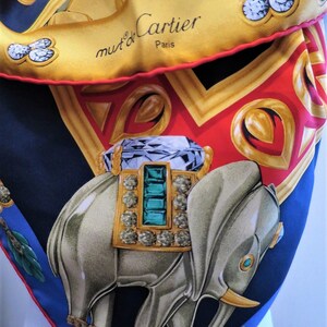 CARTIER SCARF, "La Route des Indes" Motif, 100% Silk, Made in France, Cartier Foulard Soie, Vintage Scarves, Elephants, Navy Blue Scarf image 7