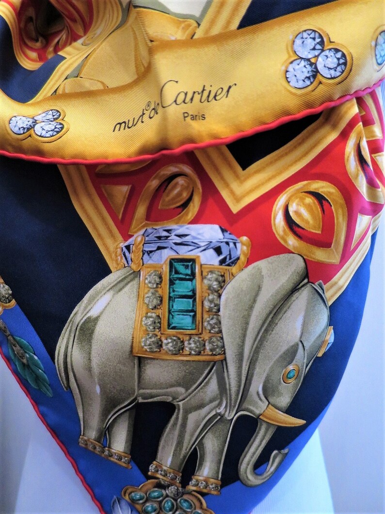 CARTIER SCARF, "La Route des Indes" Motif, 100% Silk, Made in France, Cartier Foulard Soie, Vintage Scarves, Elephants, Navy Blue Scarf image 7
