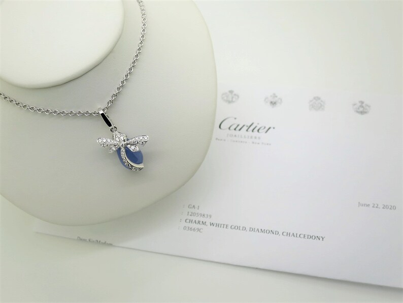 CARTIER PENDANT & CHAIN, "Dragonfly" Limited Edition of 60, 18kt w Lavender Blue Calcedony + Diamonds, Cartier Red Box, Cartier Paperwork image 5