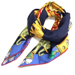CARTIER SCARF, "La Route des Indes" Motif, 100% Silk, Made in France, Cartier Foulard Soie, Vintage Scarves, Elephants, Navy Blue Scarf image 4