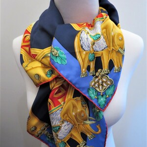 CARTIER SCARF, "La Route des Indes" Motif, 100% Silk, Made in France, Cartier Foulard Soie, Vintage Scarves, Elephants, Navy Blue Scarf image 3