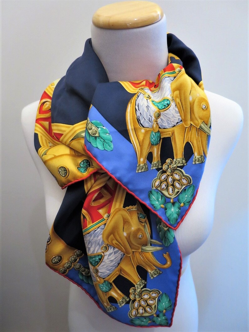 CARTIER SCARF, "La Route des Indes" Motif, 100% Silk, Made in France, Cartier Foulard Soie, Vintage Scarves, Elephants, Navy Blue Scarf image 3