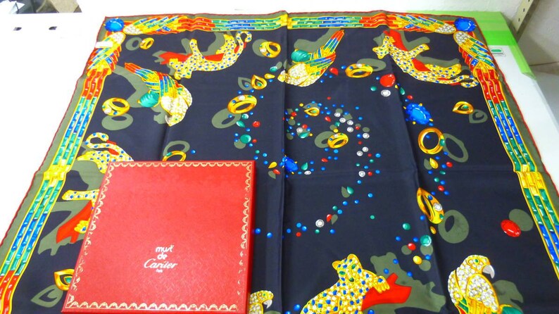 CARTIER SCARF, "Jeweled Menagerie", 100% Silk with Cartier Tag, Box & Certificate, Made in France, Cartier Foulard Soie, Vintage Scarf image 7