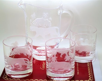 AUTHENTIC CARTIER PANTHER Set of Vintage Hand Engraved Crystal Pitcher + Old-Fashioned Glasses from Cartier Collection Circa 1982