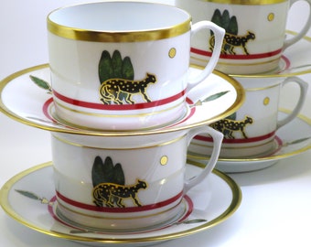 Breakfast Cups CARTIER Set of 4 Coffee or Tea size with Saucers in Vintage La Maison de Louis Cartier 24kt Gold Trim Limoges Fine Porcelain