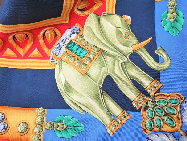 CARTIER SCARF, "La Route des Indes" Motif, 100% Silk, Made in France, Cartier Foulard Soie, Vintage Scarves, Elephants, Navy Blue Scarf image 8
