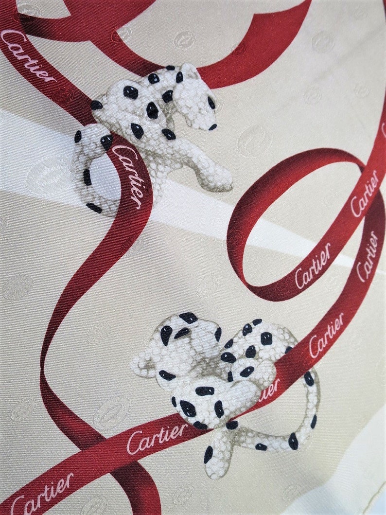 CARTIER SCARF, "Petite Panthere" Model, 100% Silk with Cartier Tag, Made in Italy, Cartier Foulard Soie, Vintage Scarf afbeelding 6
