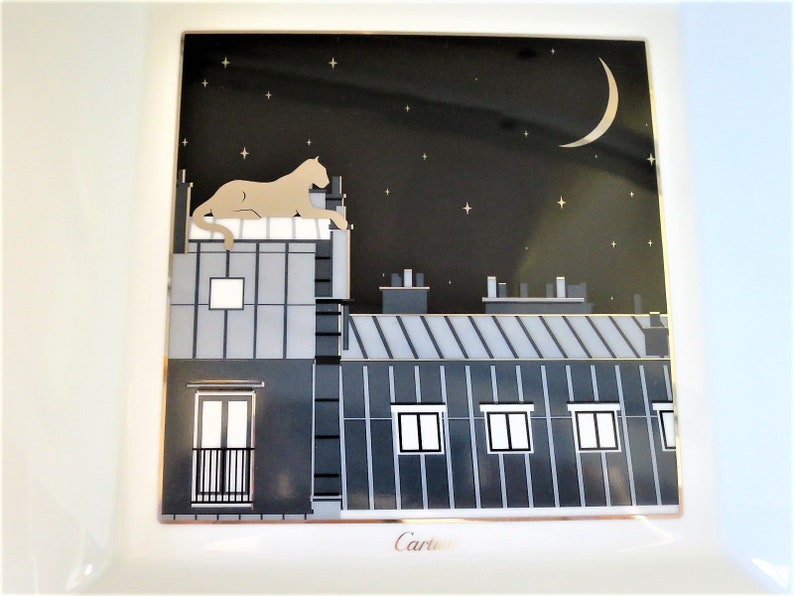 CARTIER TRAY (XL), "Midnight in Paris" Panthere Decor, Ideal for Jewelry & Vanity, Luxury Fine Porcelain, Platinum Decor, Limoges Porcelain image 2