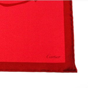 CARTIER SCARF or POUF, "La Panthère Rubis", 100% Silk Twill, Cartier Tag & Box, Made in Italy, Ruby Red, Panther Print, Foulard Soie image 4