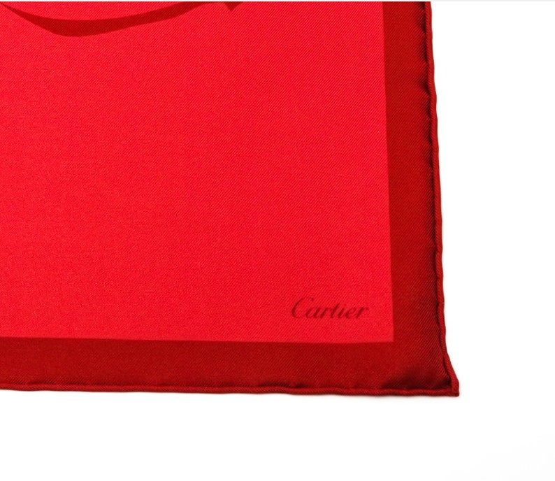 CARTIER SCARF or POUF, "La Panthère Rubis", 100% Silk Twill, Cartier Tag & Box, Made in Italy, Ruby Red, Panther Print, Foulard Soie image 4