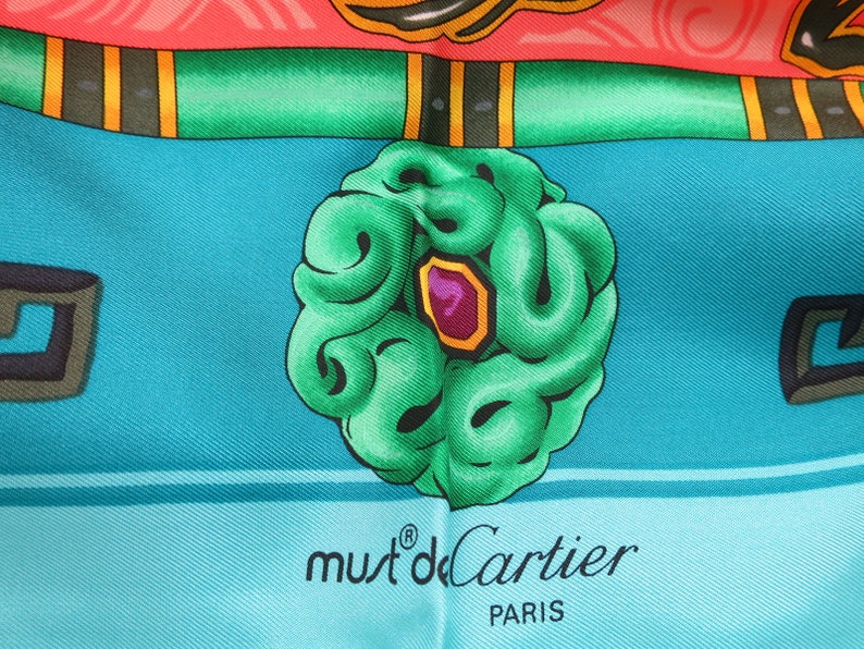 CARTIER SCARF, "Le Baiser du Dragon" Edition, 100% Silk, Handstitched Hem, with Cartier Tag, Cartier Foulard Soie, Vintage Scarf, Dragons image 6