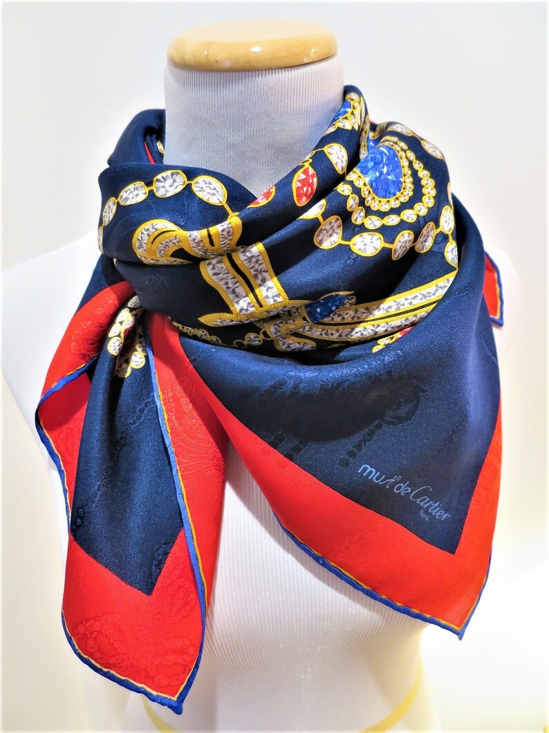 CARTIER SCARF, "Patiala" Edition, 100% Silk w Cartier Tag & Box, Made in France, Cartier Foulard Soie, Vintage Scarf 画像 7