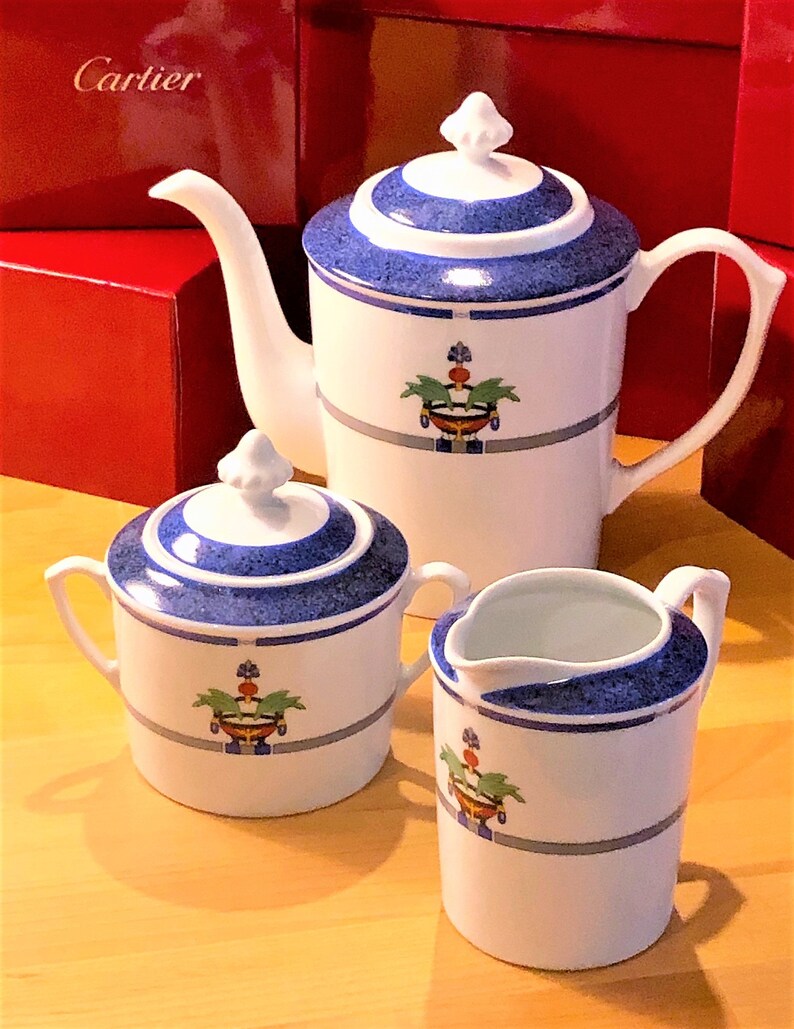 CARTIER 3-PC SERVICE, Coffee/Teapot w Cream & Sugar, "La Maison Venitienne" Porcelain w Cartier Red Boxes, Lapis Blue, Fine China, Limoges image 2