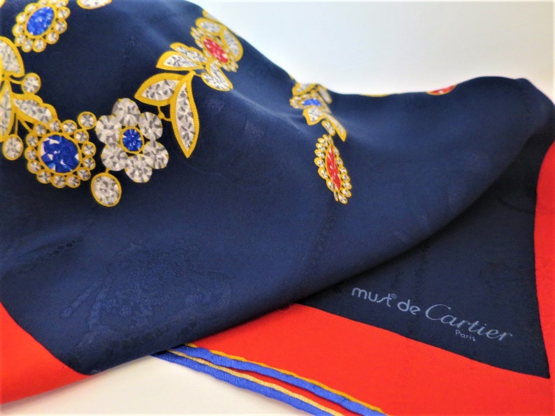 CARTIER SCARF, "Patiala" Edition, 100% Silk w Cartier Tag & Box, Made in France, Cartier Foulard Soie, Vintage Scarf 画像 2