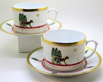 Breakfast Cups CARTIER Set of 2 Coffee or Tea size with Saucers in Vintage La Maison de Louis Cartier 24kt Gold Trim Limoges Fine Porcelain
