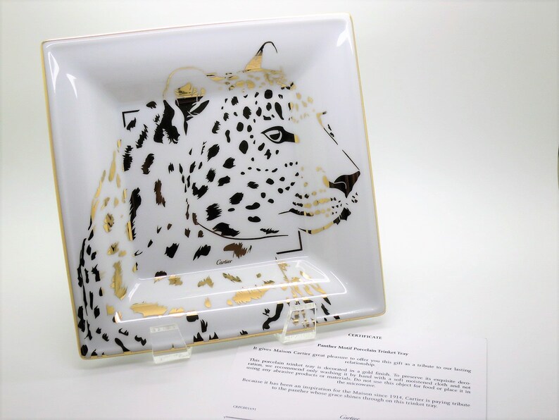 CARTIER TRAY, "Leopard" Panthere Motif, Ideal for Jewelry & Vanity, Luxury Fine Porcelain, 18kt Gold Decor, Limoges Porcelain, Trinket Tray