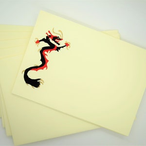 CARTIER STATIONERY, "Chinese Dragon" by Bill Glass for Cartier, Set of 5 w Envelopes & Box, Note Cards, Cartier circa 1990, Fine Stationery image 3