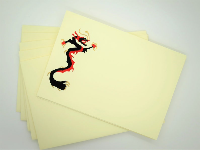 CARTIER STATIONERY, "Chinese Dragon" by Bill Glass for Cartier, Set of 5 w Envelopes & Box, Note Cards, Cartier circa 1990, Fine Stationery image 3