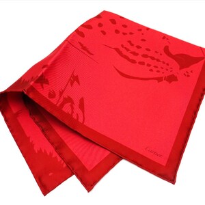 CARTIER SCARF or POUF, "La Panthère Rubis", 100% Silk Twill, Cartier Tag & Box, Made in Italy, Ruby Red, Panther Print, Foulard Soie image 2