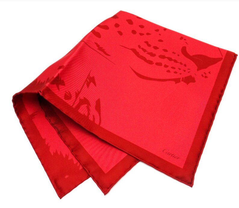 CARTIER SCARF or POUF, "La Panthère Rubis", 100% Silk Twill, Cartier Tag & Box, Made in Italy, Ruby Red, Panther Print, Foulard Soie image 2